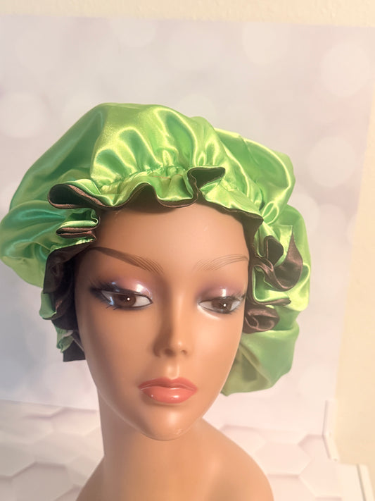 Two-Tone Satin Bonnet - Lime Green & Chocolate Brown