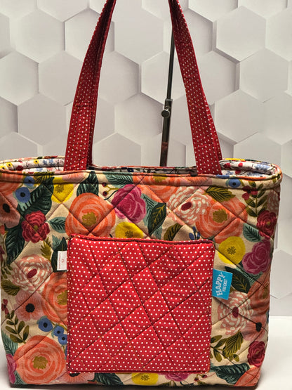 Red Floral Quilted Tote Bag
