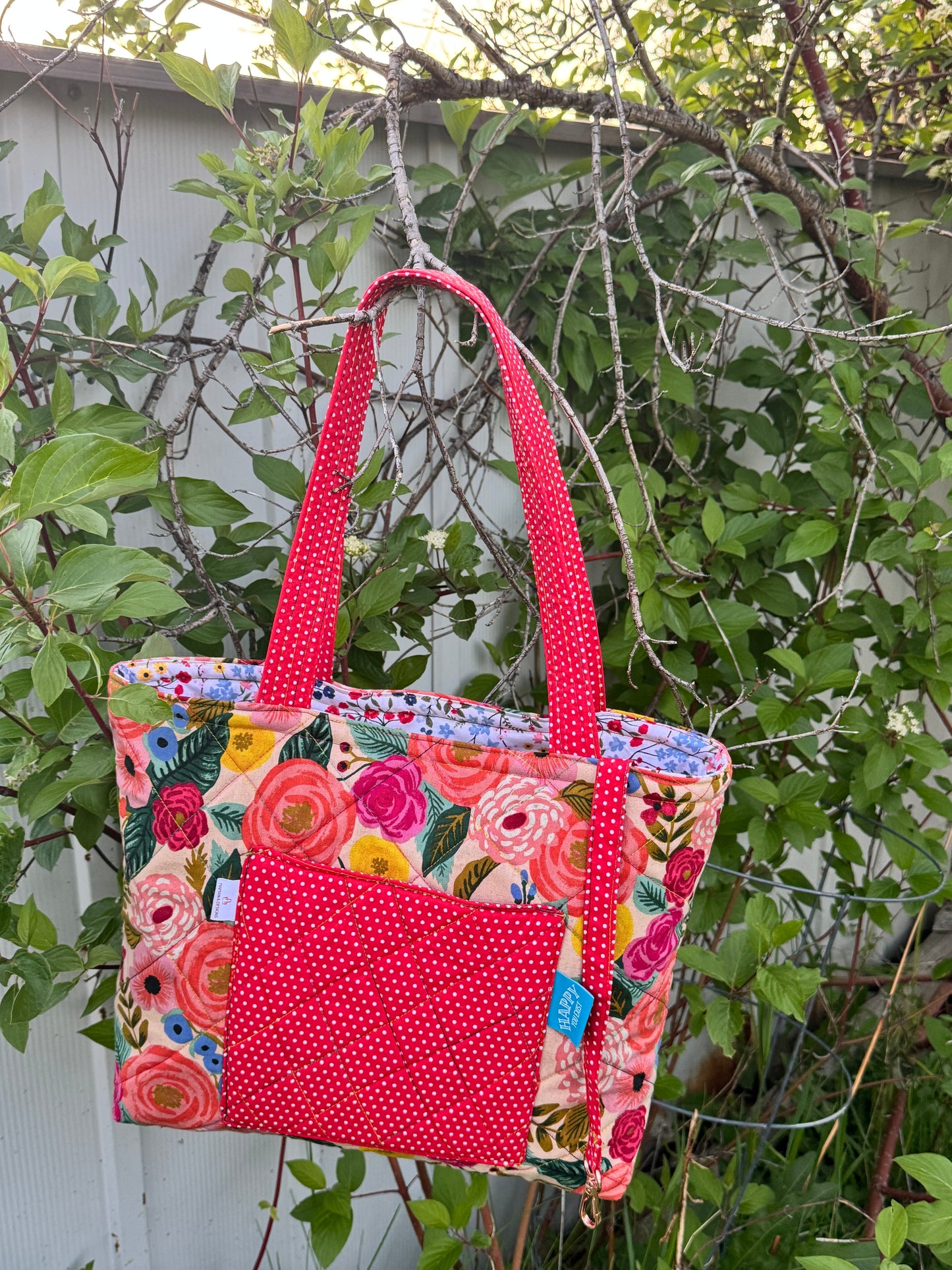 Red Floral Quilted Tote Bag